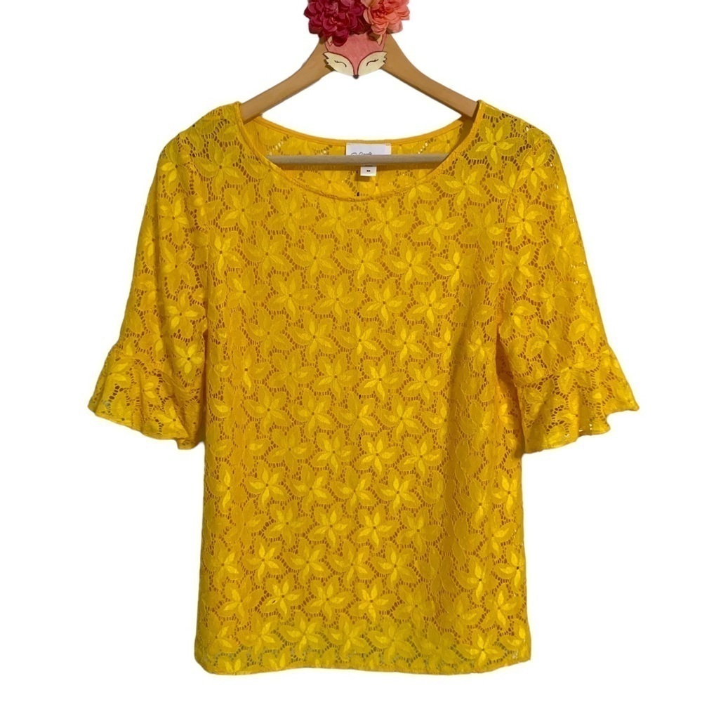 Jaclyn Smith top yellow lace floral ruffle sleeve size medium